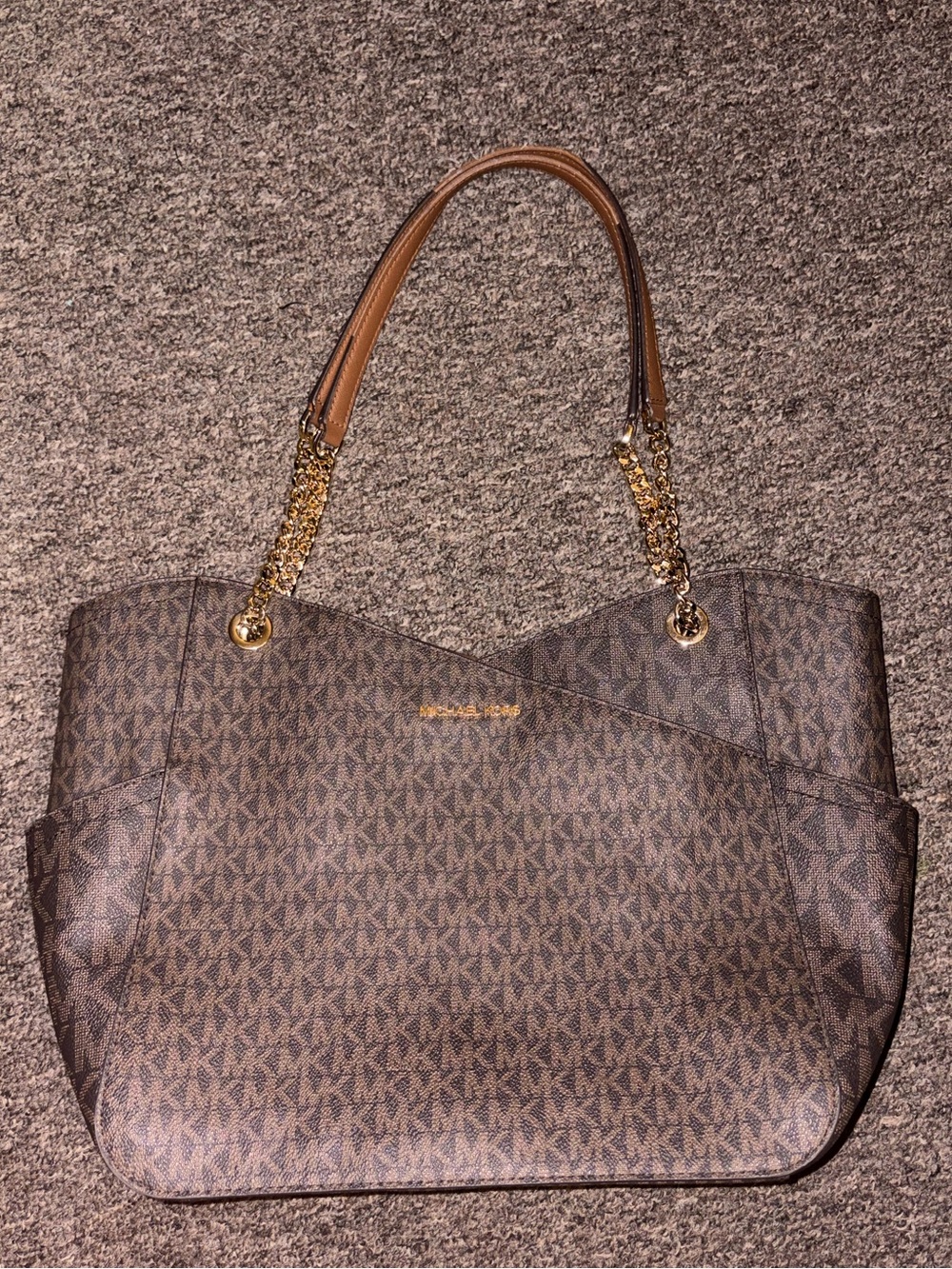 Michael Kors Jet Set Large Chain Shoulder Tote Brown Signature MK Monogram